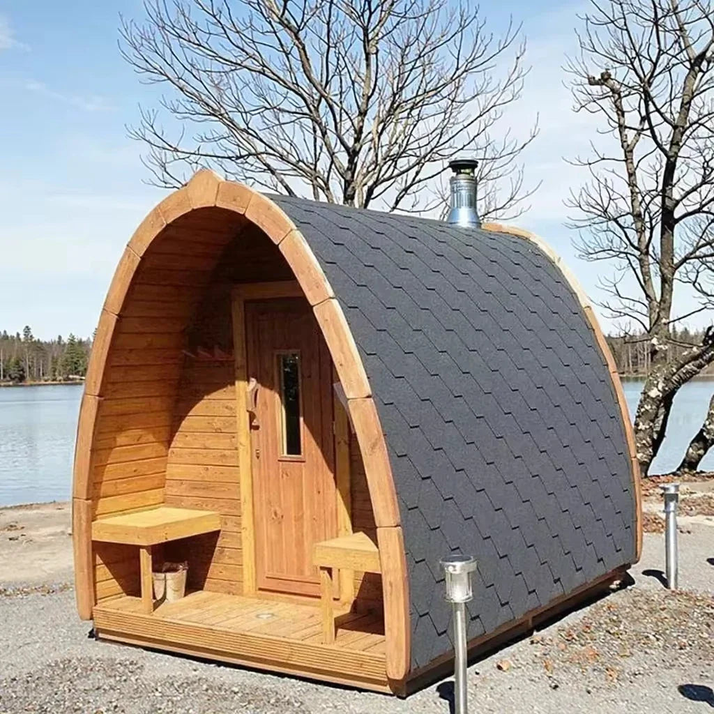 Panoramic Outdoor Cedar Barrel Sauna with Curved Glass Front