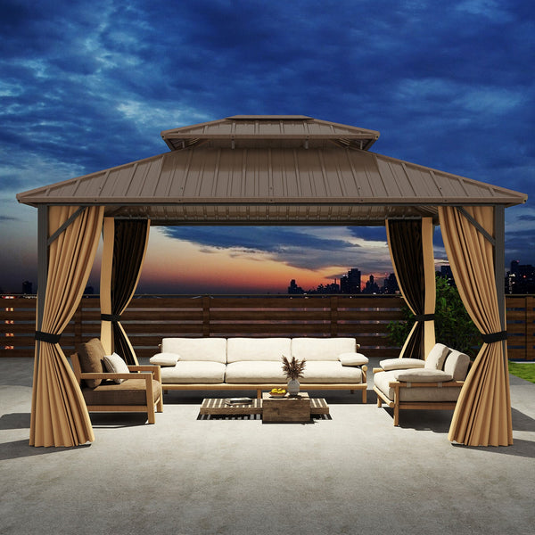 14 x 12 FT Hardtop Gazebo with Aluminum Frame and Mesh Curtains