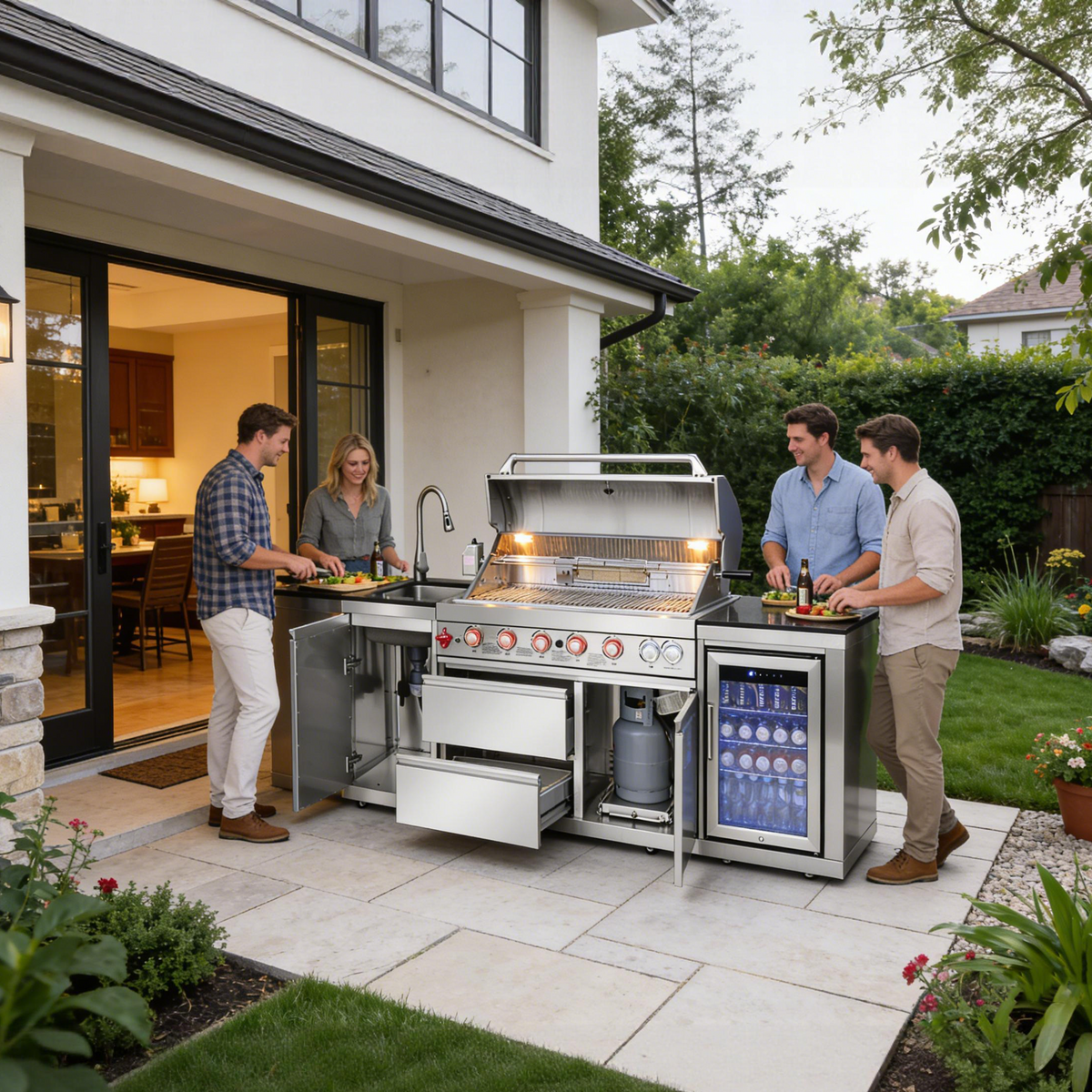Outdoor Kitchen Island 82.5-Inch 6-Burner Propane Grill with Refrigerator