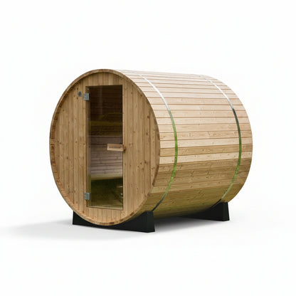 WOODBRIDGE 2-Person Luxury Finland Thermo Pine Outdoor Barrel Sauna with Half View Window, Harvia Electric Heater, Sauna Accessories Kit and Asphalt Shingle Roof, 4'X6'