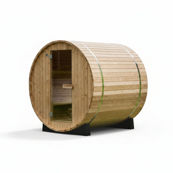 WOODBRIDGE 2-Person Luxury Finland Thermo Pine Outdoor Barrel Sauna with Half View Window, Harvia Electric Heater, Sauna Accessories Kit and Asphalt Shingle Roof, 4'X6'
