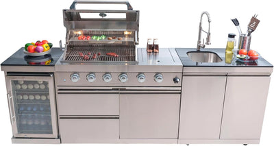Modular Outdoor Kitchen BBQ Island 104-Inch Propane Gas Grill with Sink, Refrigerator and Rotisserie Kit