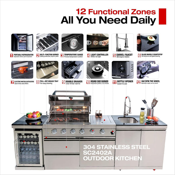 Outdoor Kitchen Island Grill, 98-Inch Natural Gas Modular BBQ Island with 72,000 BTU Grill, Refrigerator and Sink