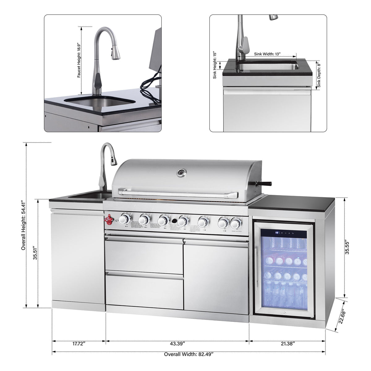 Outdoor Kitchen Island 82.5-Inch 6-Burner Propane Grill with Refrigerator