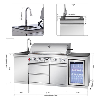 Outdoor Kitchen Island 82.5-Inch 6-Burner Propane Grill with Refrigerator