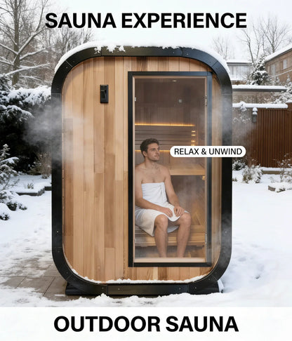 Panoramic Outdoor Cedar Barrel Sauna with Curved Glass Front