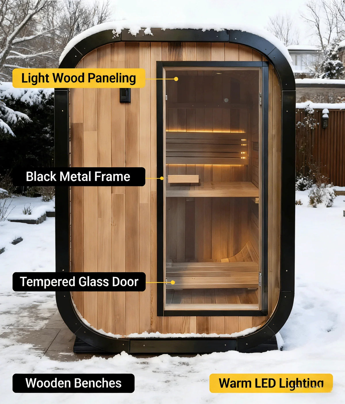 Panoramic Outdoor Cedar Barrel Sauna with Curved Glass Front