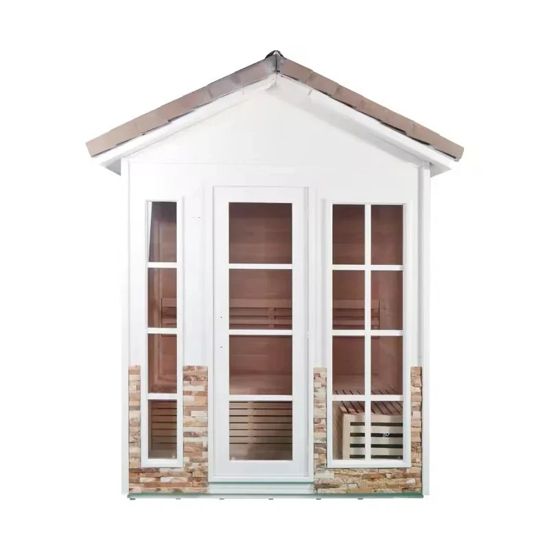 Panoramic Outdoor Cedar Barrel Sauna with Curved Glass Front