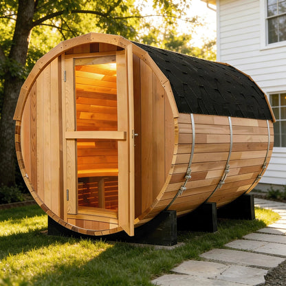 Panoramic Outdoor Cedar Barrel Sauna with Curved Glass Front