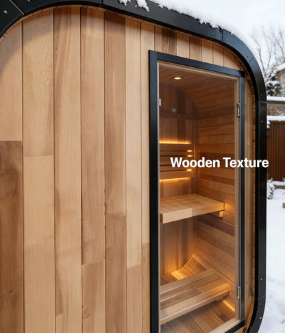 Panoramic Outdoor Cedar Barrel Sauna with Curved Glass Front