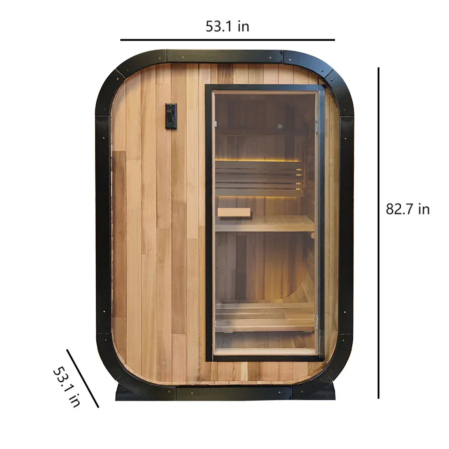 Panoramic Outdoor Cedar Barrel Sauna with Curved Glass Front