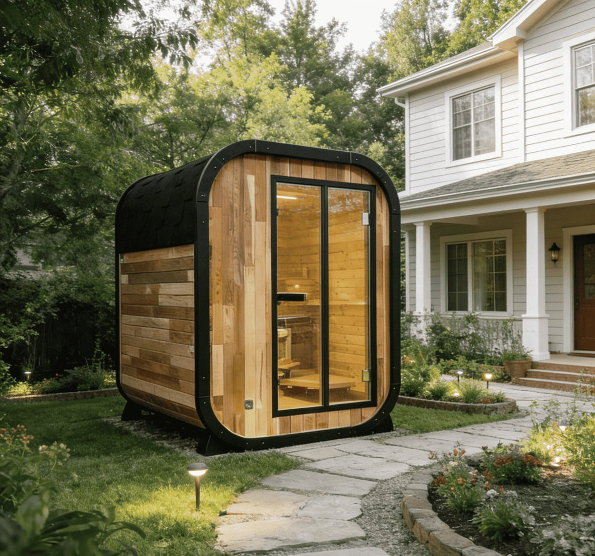 Panoramic Outdoor Cedar Barrel Sauna with Curved Glass Front