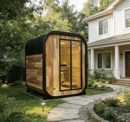 Panoramic Outdoor Cedar Barrel Sauna with Curved Glass Front