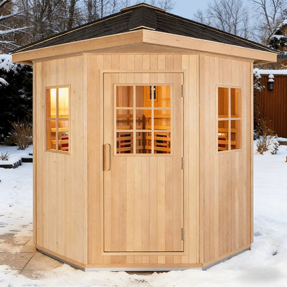 Panoramic Outdoor Cedar Barrel Sauna with Curved Glass Front