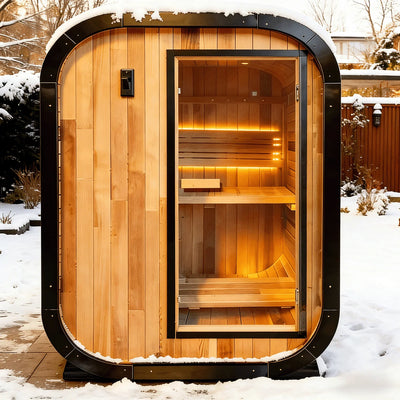 Panoramic Outdoor Cedar Barrel Sauna with Curved Glass Front