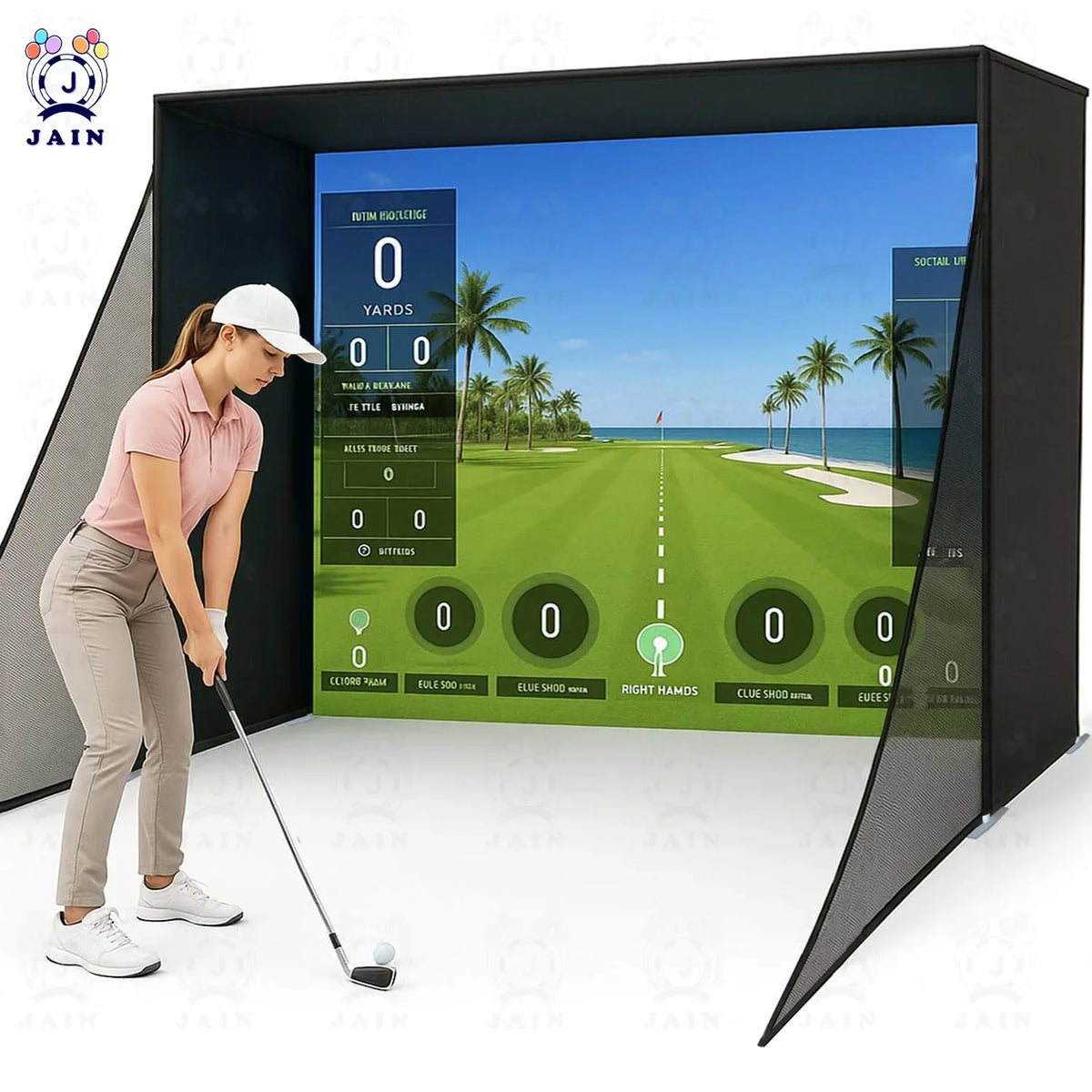Golf Simulator Enclosure with Impact Screen, Aluminum Frame &amp; Hitting Net