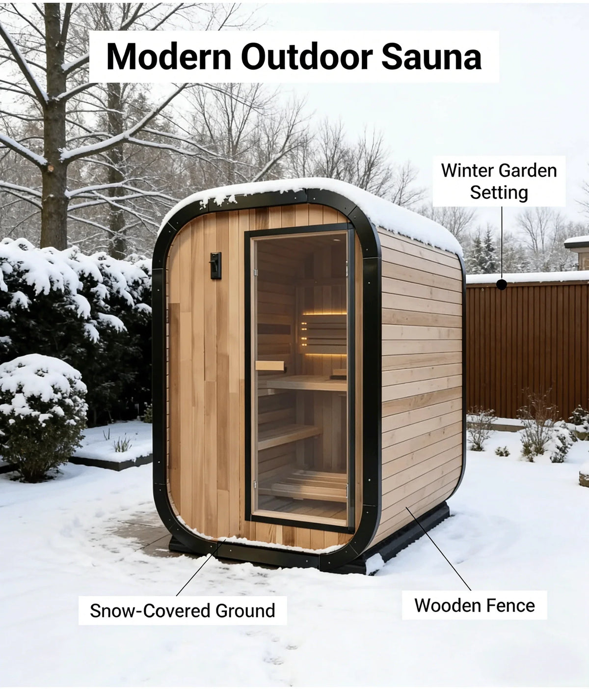 Panoramic Outdoor Cedar Barrel Sauna with Curved Glass Front