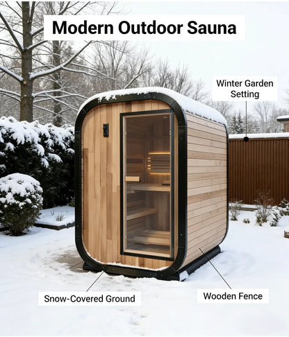 Panoramic Outdoor Cedar Barrel Sauna with Curved Glass Front