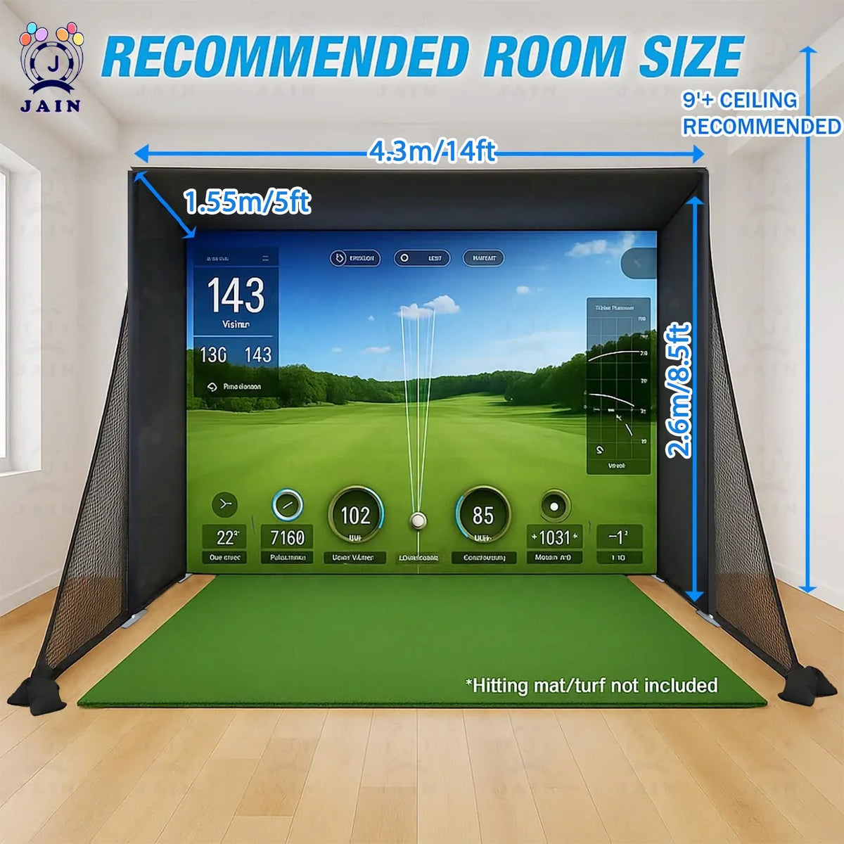Golf Simulator Enclosure with Impact Screen, Aluminum Frame &amp; Hitting Net
