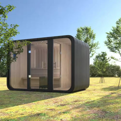 Panoramic Outdoor Cedar Barrel Sauna with Curved Glass Front