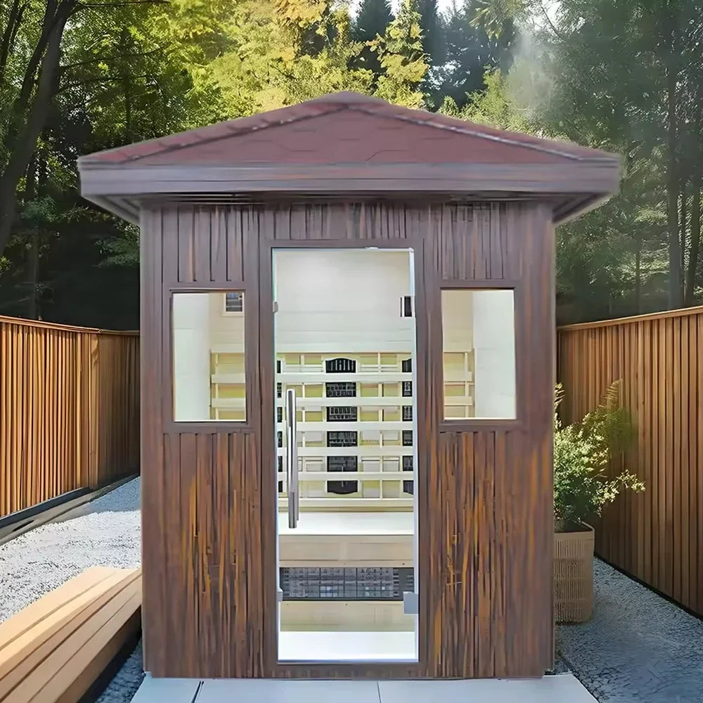 Panoramic Outdoor Cedar Barrel Sauna with Curved Glass Front