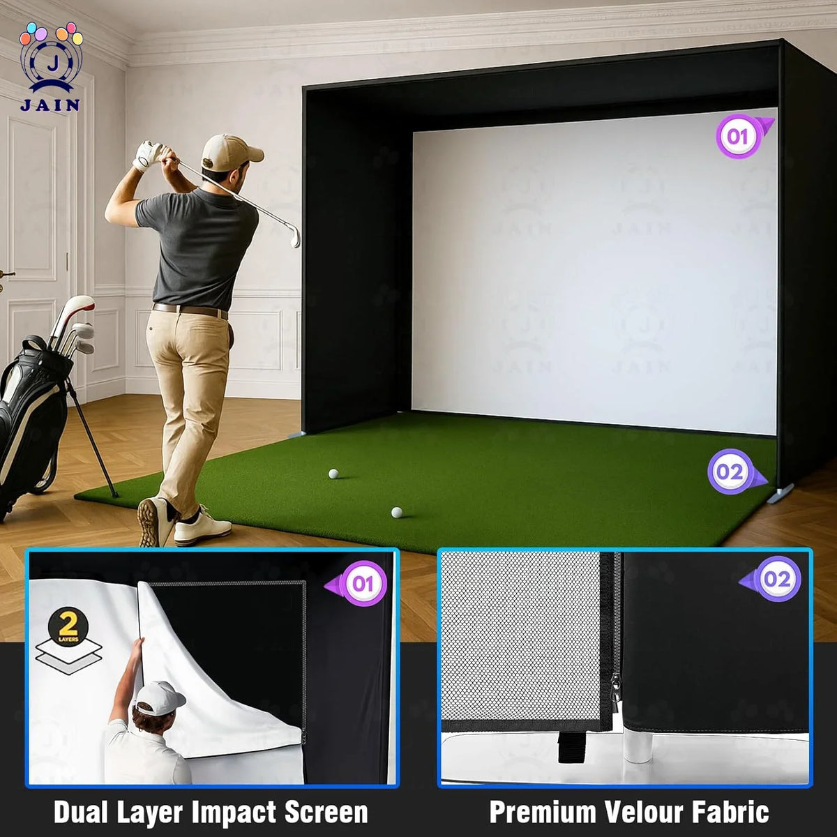 Golf Simulator Enclosure with Impact Screen, Aluminum Frame &amp; Hitting Net