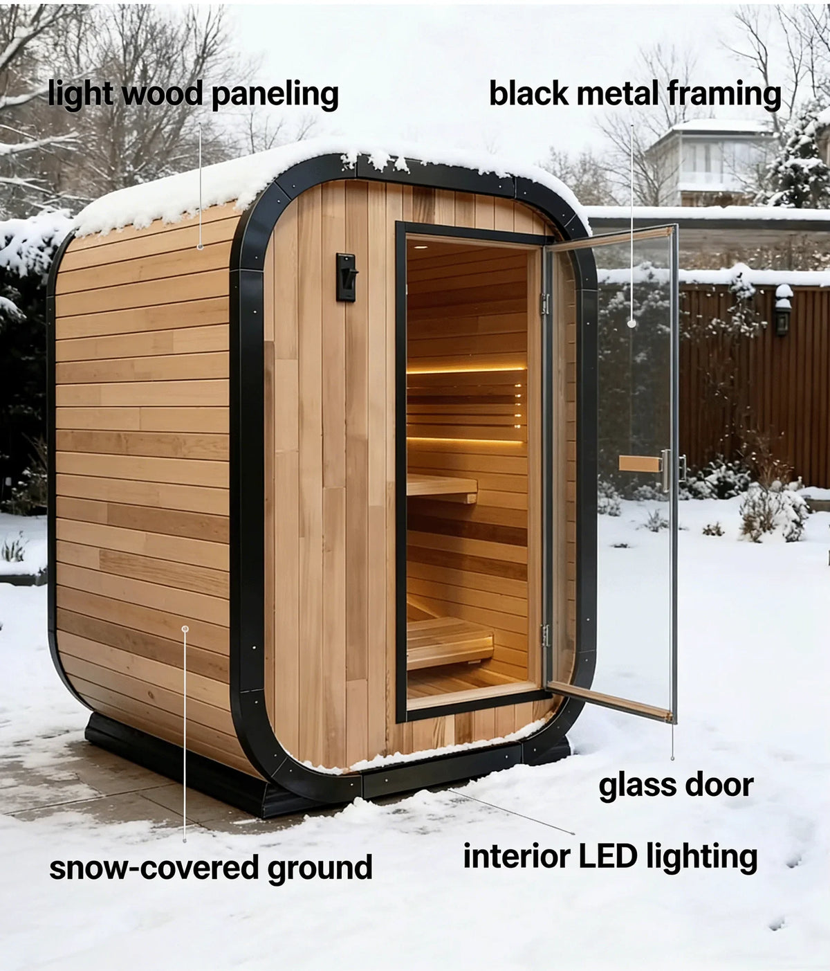 Panoramic Outdoor Cedar Barrel Sauna with Curved Glass Front