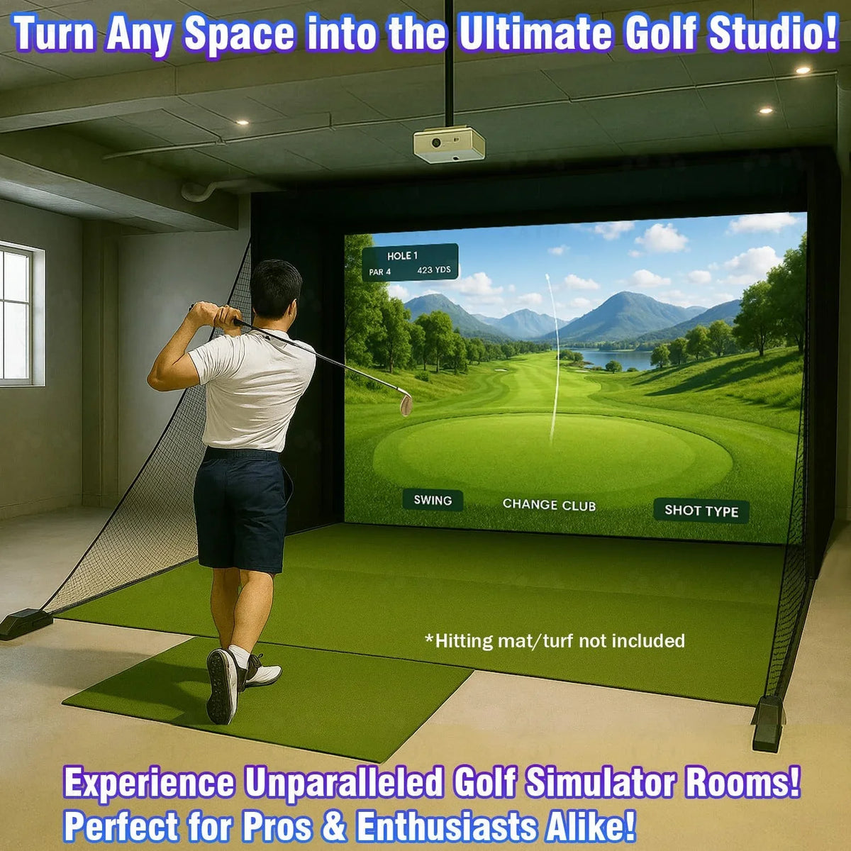 Golf Simulator Enclosure with Impact Screen, Aluminum Frame &amp; Hitting Net