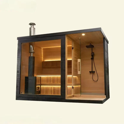 Panoramic Outdoor Cedar Barrel Sauna with Curved Glass Front