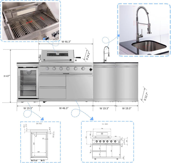 Modular Outdoor Kitchen BBQ Island 104-Inch Propane Gas Grill with Sink, Refrigerator and Rotisserie Kit
