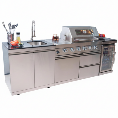Outdoor Kitchen Island Grill, 98-Inch Natural Gas Modular BBQ Island with 72,000 BTU Grill, Refrigerator and Sink