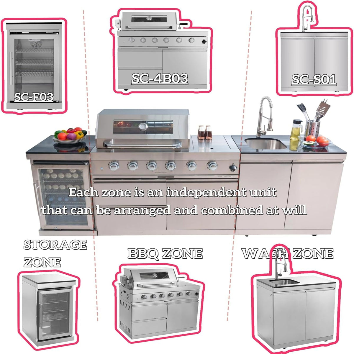 BBQ Island Outdoor Kitchen Kits, 4-Burner 72000 BTU Stainless Steel Modular 98 Inch Natural Gas Outdoor Kitchen Bar Barbecue Island Grill with Refrigerator and Sink for Patio Backyard — product view 4