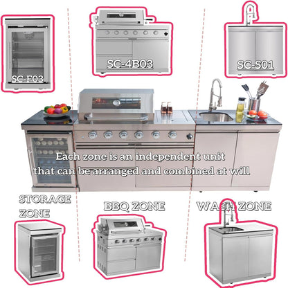 BBQ Island Outdoor Kitchen Kits, 4-Burner 72000 BTU Stainless Steel Modular 98 Inch Natural Gas Outdoor Kitchen Bar Barbecue Island Grill with Refrigerator and Sink for Patio Backyard — product view 4