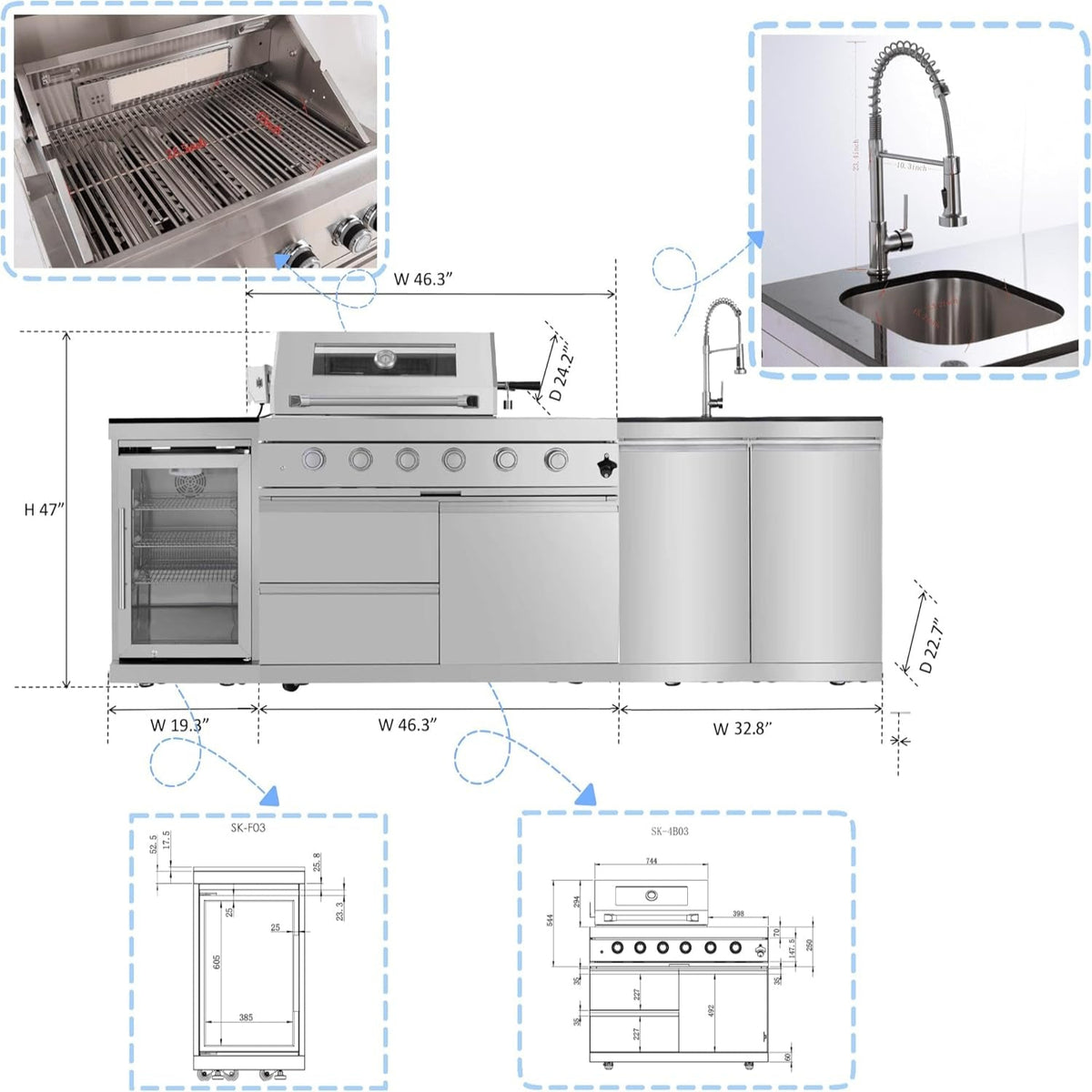 BBQ Island Outdoor Kitchen Kits, 4-Burner 72000 BTU Stainless Steel Modular 98 Inch Natural Gas Outdoor Kitchen Bar Barbecue Island Grill with Refrigerator and Sink for Patio Backyard — product view 6