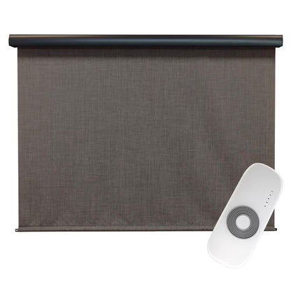Tide Pool Grey and Black Motorized Outdoor Patio Roller Shade with Valance 84 In. W X 96 In. L