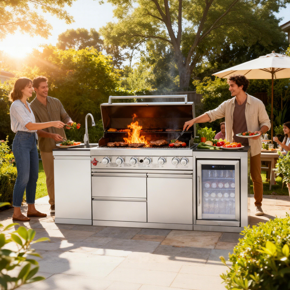 Outdoor Kitchen Island 82.5-Inch 6-Burner Propane Grill with Refrigerator