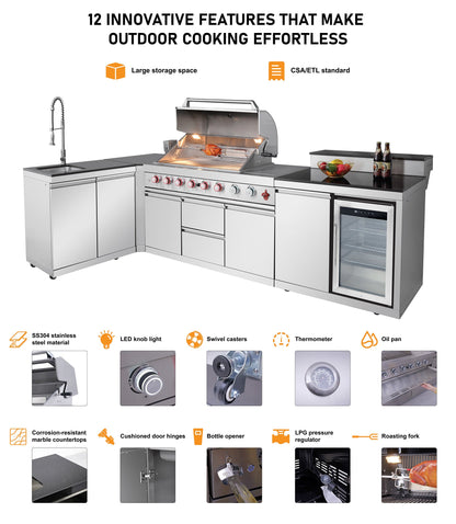 Outdoor Kitchen Island 82.5-Inch 6-Burner Propane Grill with Refrigerator