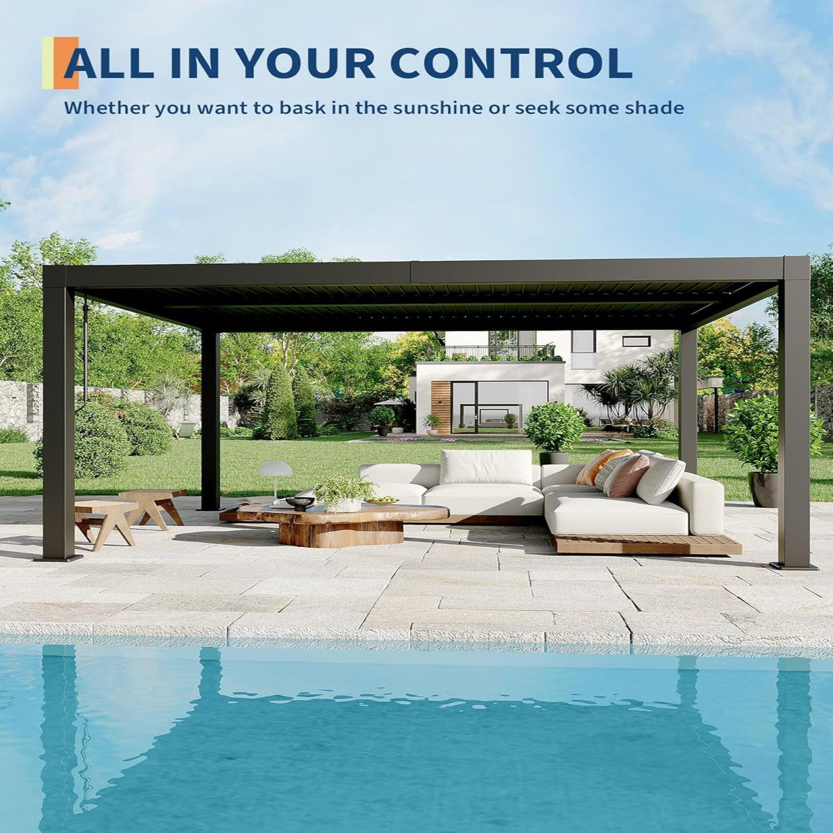 Louvered Pergola 10 Ft X10', Outdoor Pergola with Adjustable Louvered Roof, Reinforced Aluminum Frame, Integrated Drainage System, Hardtop Gazebo for Patio, Deck, Wood Grain — product view 5