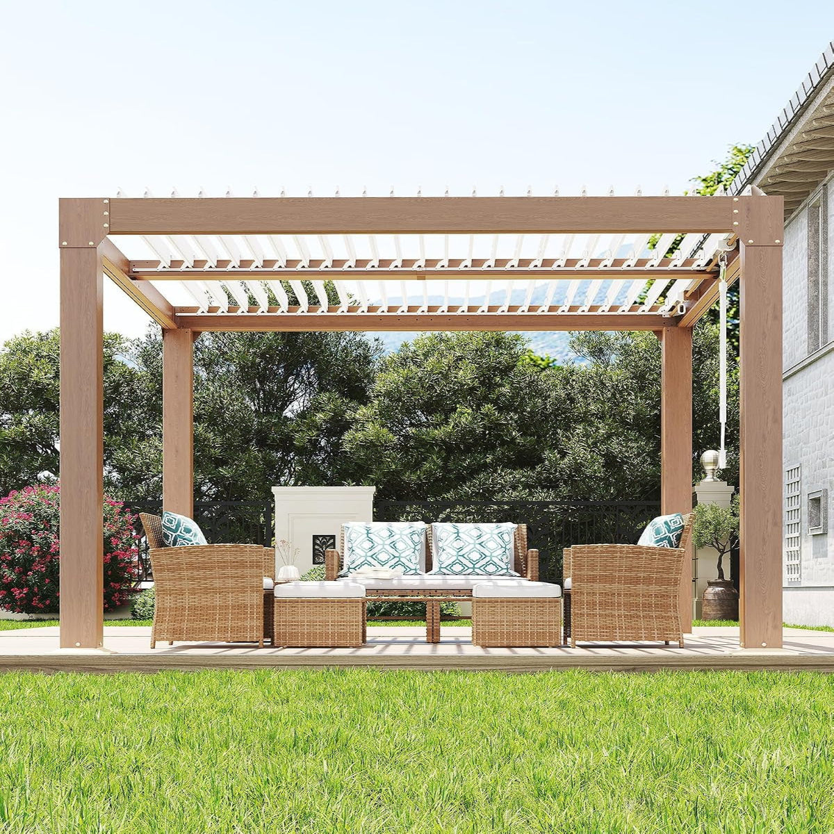 Louvered Pergola 10 Ft X10', Outdoor Pergola with Adjustable Louvered Roof, Reinforced Aluminum Frame, Integrated Drainage System, Hardtop Gazebo for Patio, Deck, Wood Grain — product view 9