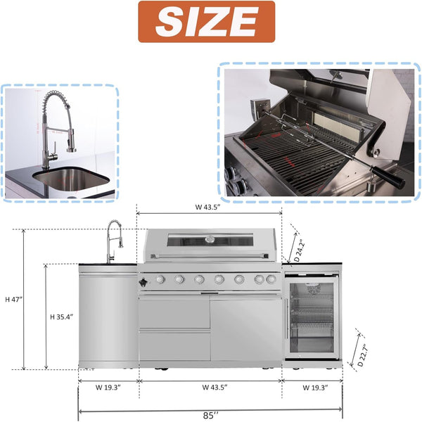S0001 85-Inch Outdoor Kitchen Island with 6-Burner 85,000 BTU Gas Grill